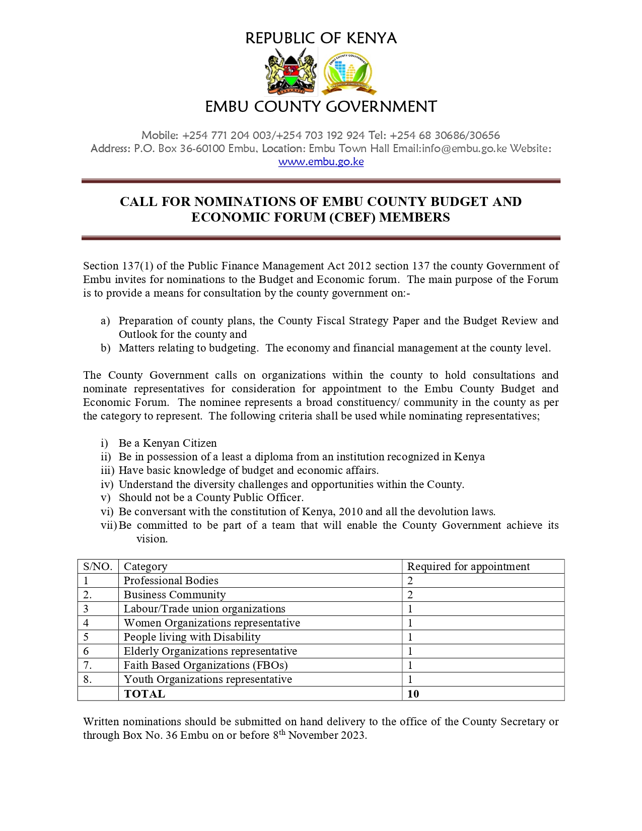 CALL FOR NOMINATIONS OF EMBU COUNTY BUDGET AND ECONOMIC FORUM (CBEF) MEMBERS