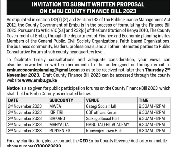 INVITATION TO SUBMIT WRITTEN PROPOSAL ON EMBU COUNTY FINANCE BILL 2023