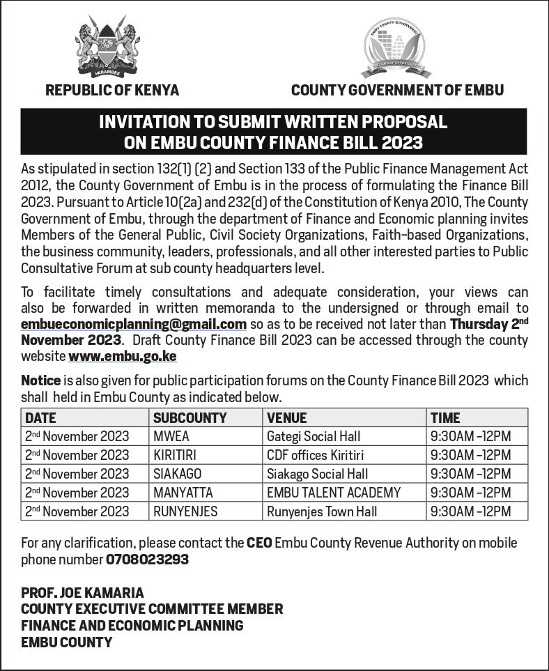 INVITATION TO SUBMIT WRITTEN PROPOSAL ON EMBU COUNTY FINANCE BILL 2023