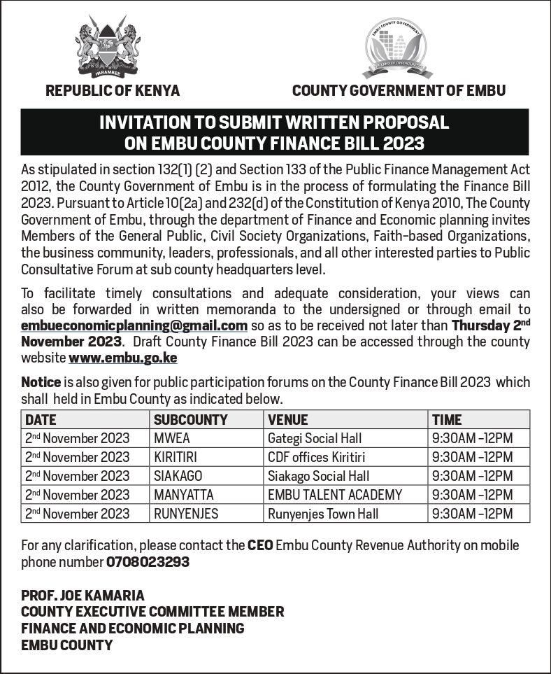 INVITATION TO SUBMIT WRITTEN PROPOSAL ON EMBU COUNTY FINANCE BILL 2023