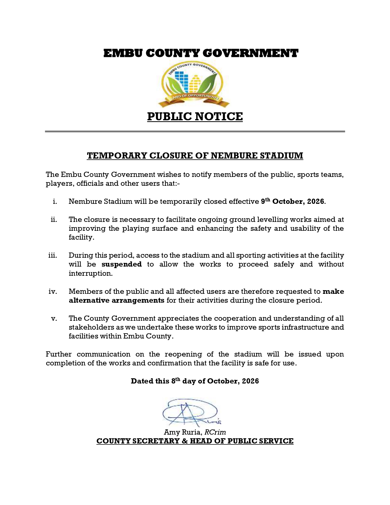 TEMPORARY CLOSURE OF NEMBURE STADIUM 
