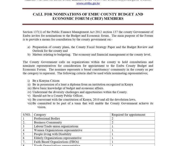 CALL FOR NOMINATIONS OF EMBU COUNTY BUDGET AND ECONOMIC FORUM (CBEF) MEMBERS