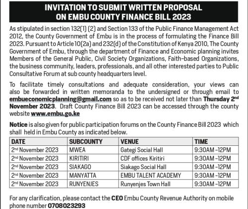 INVITATION TO SUBMIT WRITTEN PROPOSAL ON EMBU COUNTY FINANCE BILL 2023