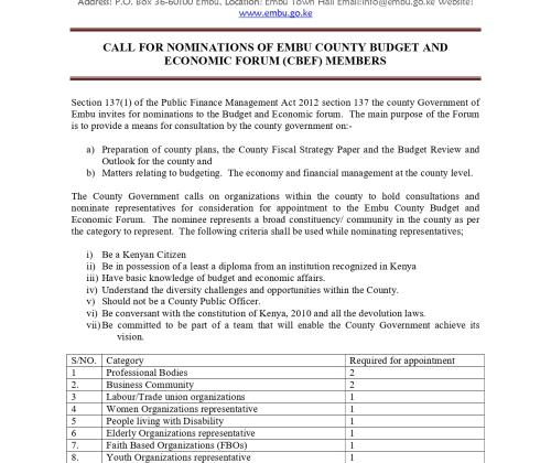 CALL FOR NOMINATIONS OF EMBU COUNTY BUDGET AND ECONOMIC FORUM (CBEF) MEMBERS