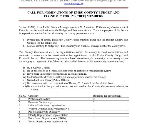 CALL FOR NOMINATIONS OF EMBU COUNTY BUDGET AND ECONOMIC FORUM (CBEF) MEMBERS